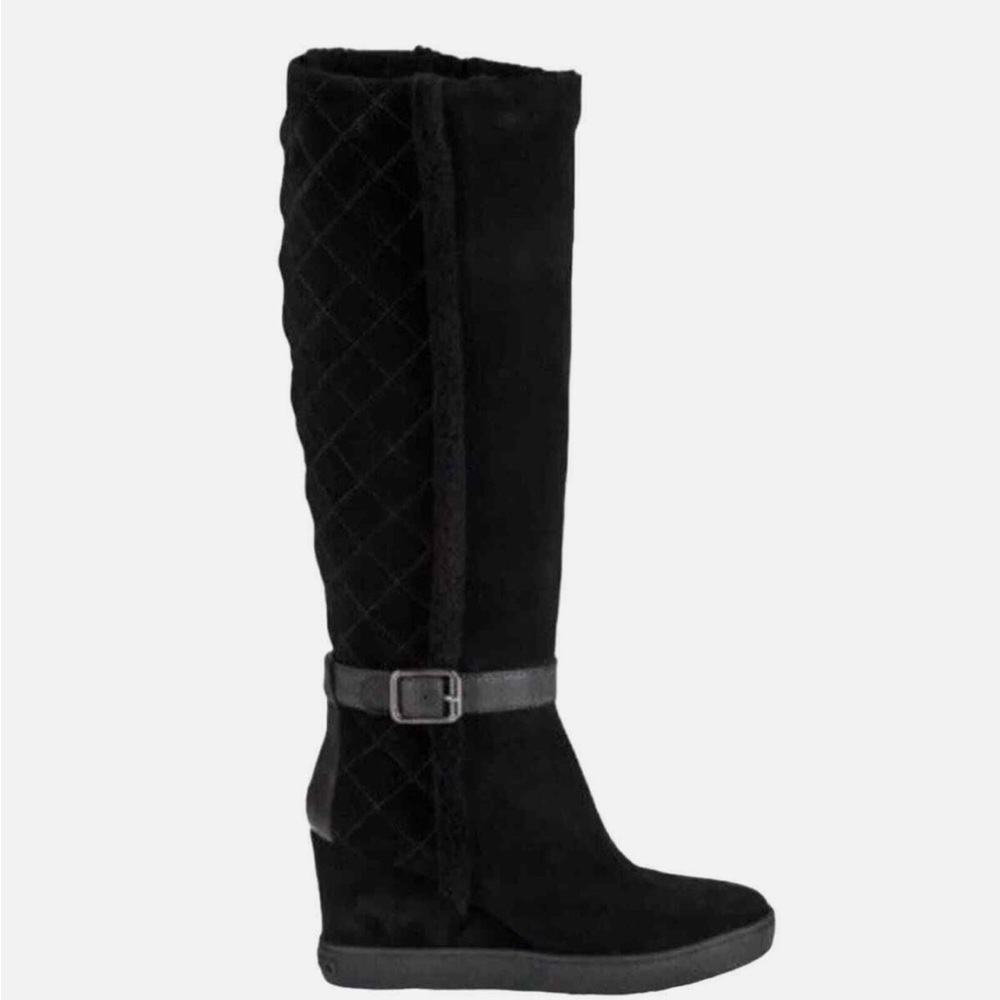 Aquatalia Callie Black Knee-High Suede and Shearling Wedge Boots 6 1/2